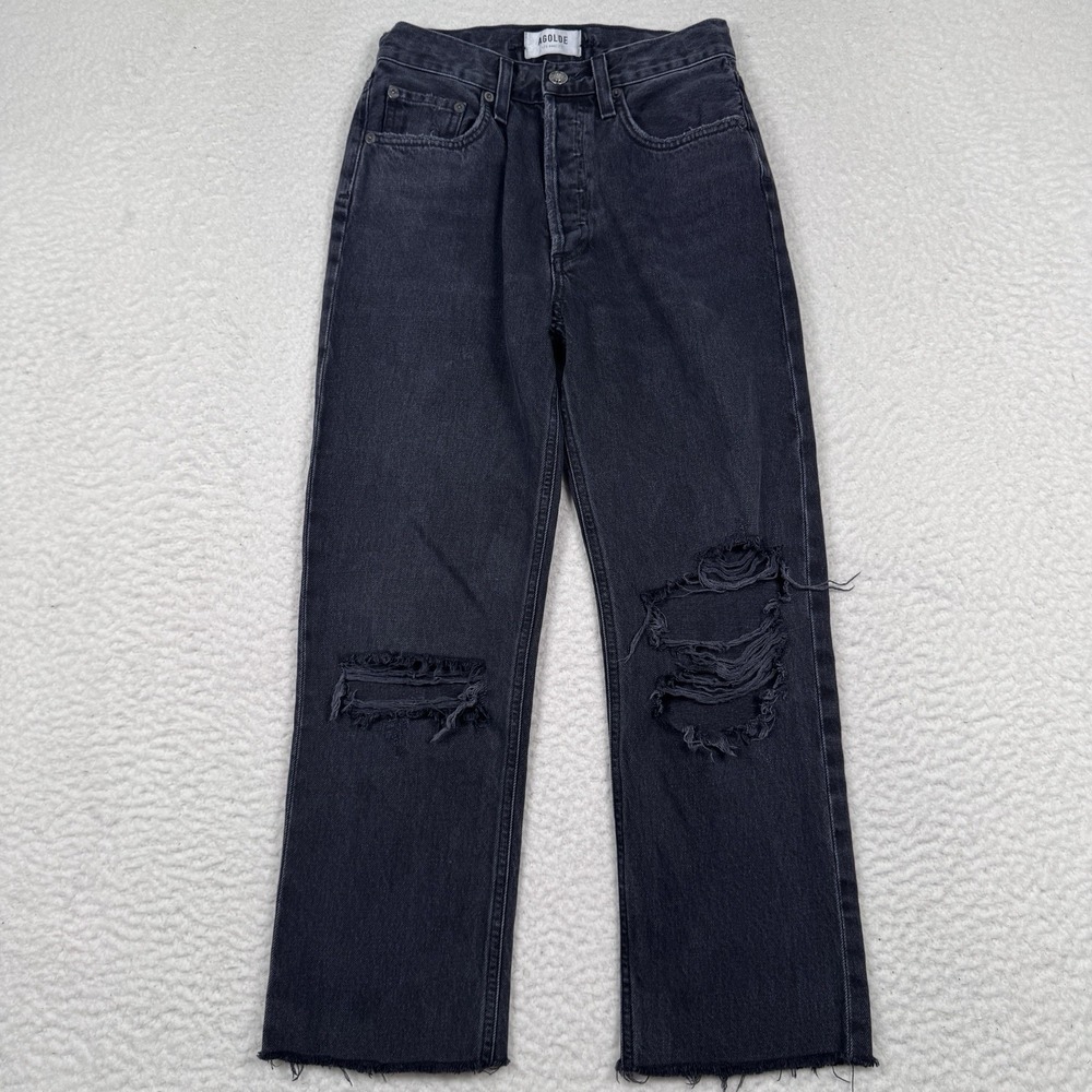 Agolde Jeans Size 23 Lana Mid Rise Straight Distressed Raw Hem‎ Button Fly Black